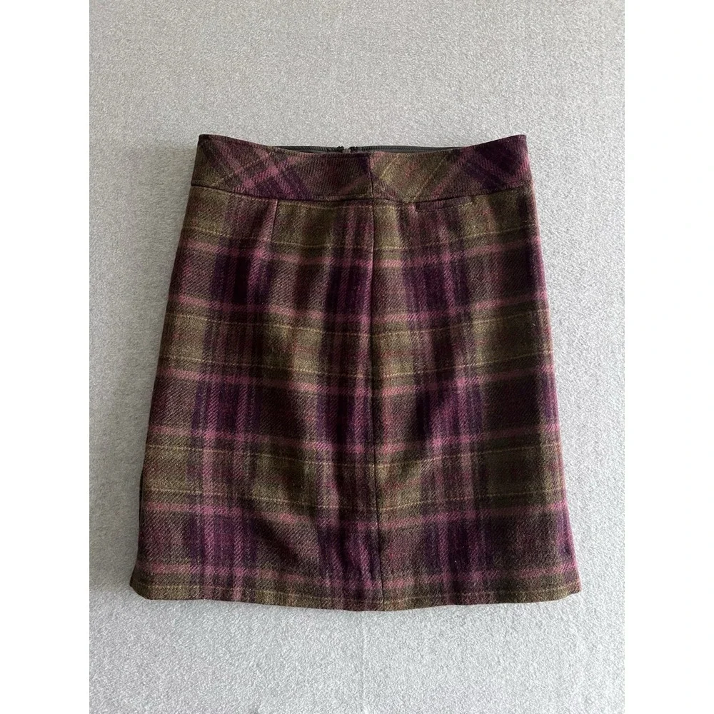 LL Bean Wool Plaid Skirt Women's 10 Purple Green Side Slit Zip Y2K Retro Vintage - Picture 1 of 12